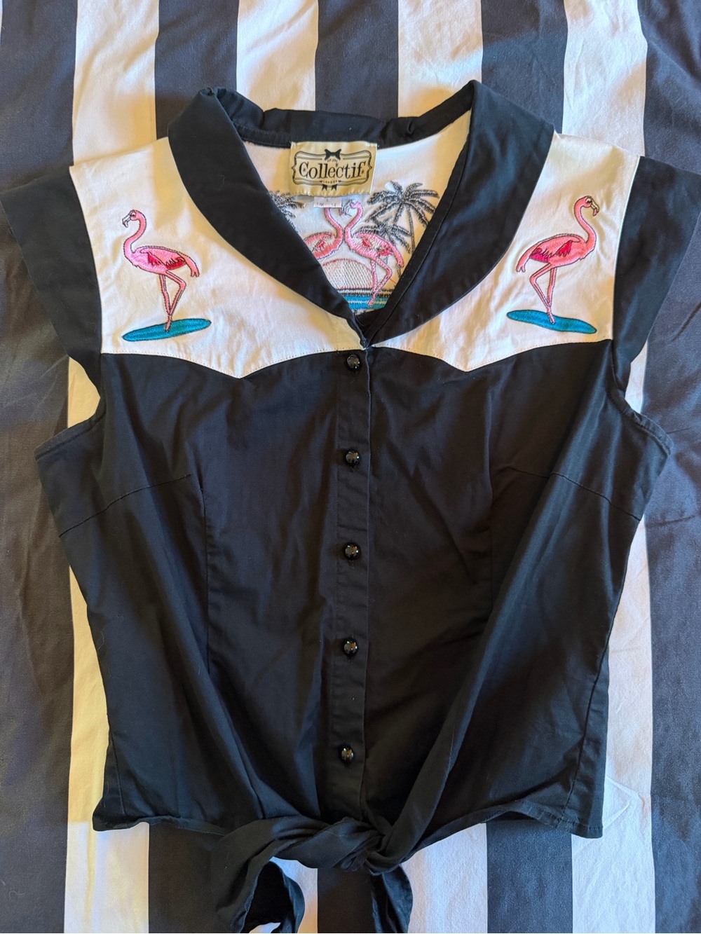 Collectif Flamingo Tie-Front Top Black L UK 14